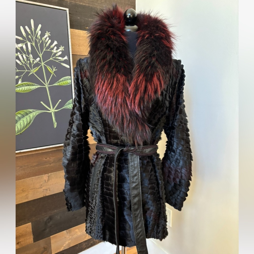 Mano Swartz Cut Calf Lambskin Dyed Coon Collared Button Front Tie Coat Womens S